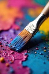 Fototapeta premium Close-up of a paintbrush saturated with vibrant, jewel-toned acrylic paints Ready to create a masterpiece Perfect for art, design, and creativity projects , abstract, colorful