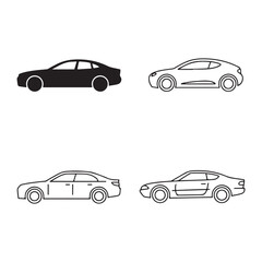Four car icons black and white line art automobile
