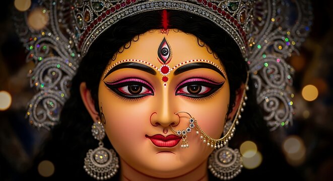 Beautiful portrait of goddess durga with elaborate crown and traditional ornamentation