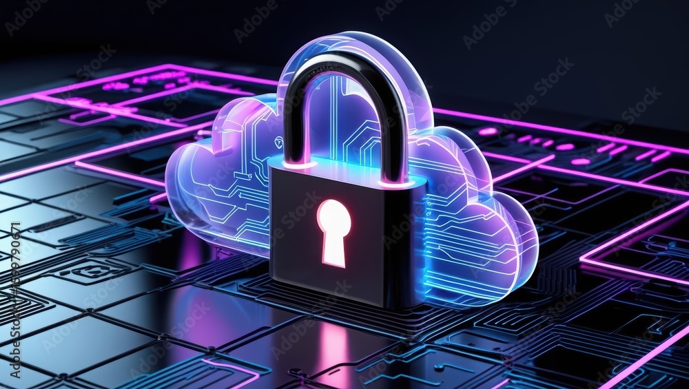 Poster digital cloud security lock concept with circuitry background representing data protection and cyber