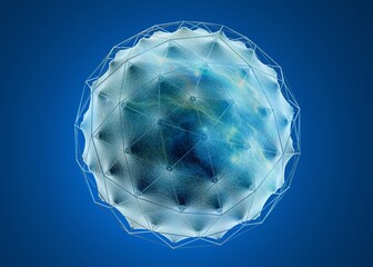 A 3D rendering of a geodesic sphere set against a deep blue background.