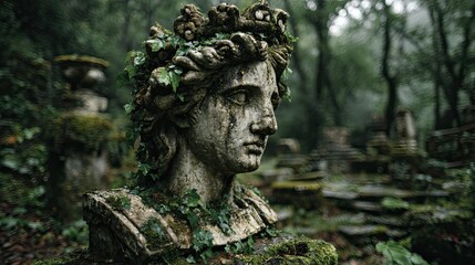Overgrown garden statue of stone bust representing forgotten history, classical sculpture, and nature reclaiming art