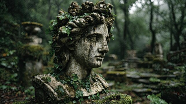 Overgrown garden statue of stone bust representing forgotten history, classical sculpture, and nature reclaiming art - Powered by Adobe