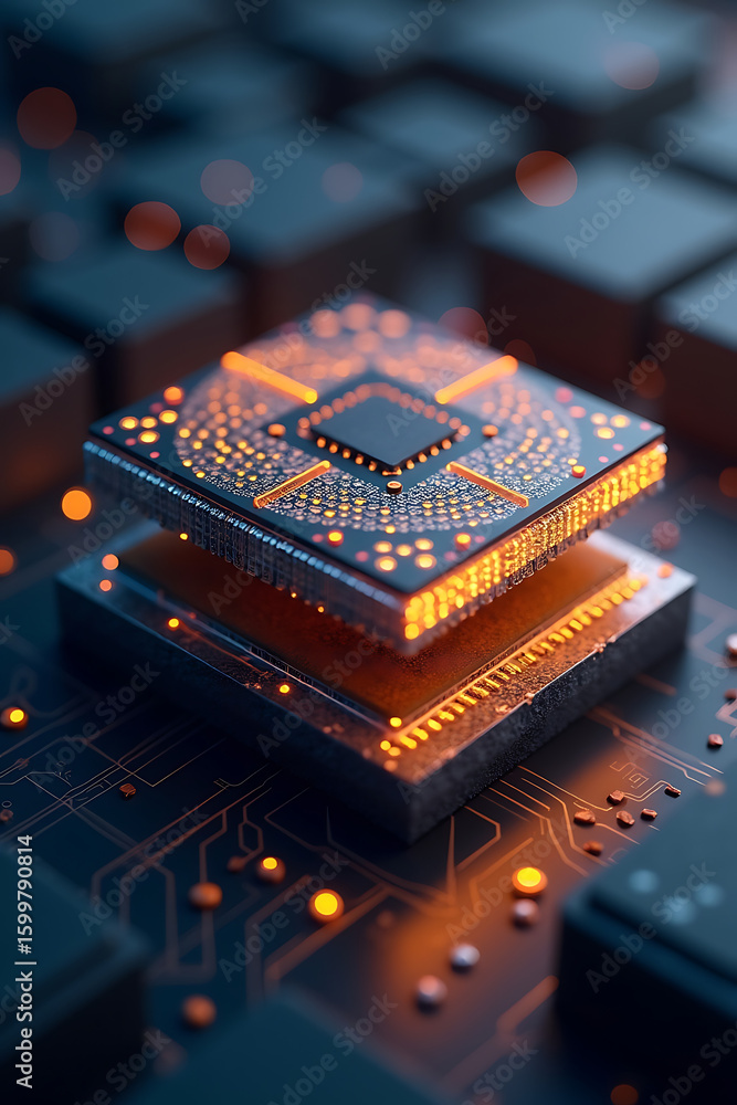 Poster a glowing, layered computer processor, showcasing intricate circuitry and technological design.