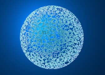 Intricate 3D hexagonal patterned sphere on a vibrant blue background.