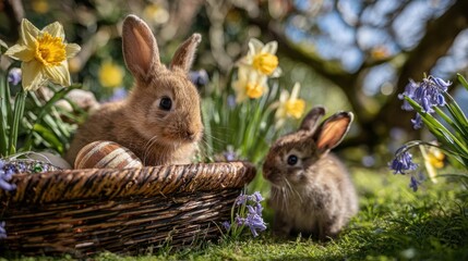 Fototapeta premium Two adorable baby rabbits in a spring garden setting.