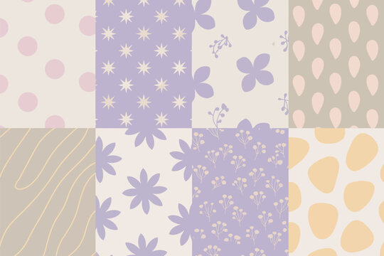 A patchwork of pastel patterns featuring polka dots, stars, flowers, and abstract shapes in soft colors