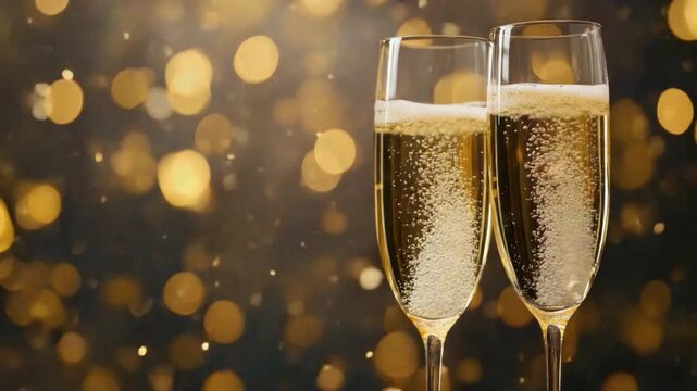 Sparkling champagne flutes with bubbles on a festive background with golden bokeh lights for celebration events and special occasions 4k video footage