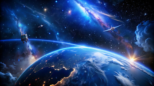 Blue light illuminates a cosmic night sky with distant stars, a vibrant galaxy, and a glowing Earth-like planet