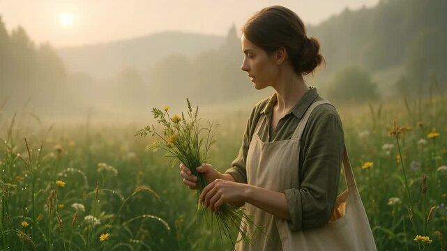 Young woman collecting wild herbs in dewy meadow at sunrise, wearing linen apron and shoulder bag &mdash; serene foraging scene in morning mist with copy space