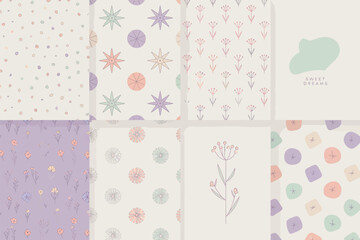 A collection of eight patterned squares featuring floral, star, and abstract designs in pastel colors
