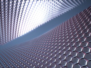 Naklejka premium Futuristic hexagonal patterns create a flowing metallic wave under soft light.