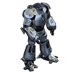 A sleek, futuristic robot with intricate metallic armor standing on a white background.