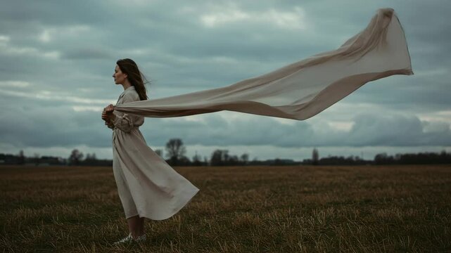Young woman with flowing scarf standing in windy field, melancholic mood, against dramatic cloudy sky with copy space &mdash; symbol of solitude, freedom, and introspection
