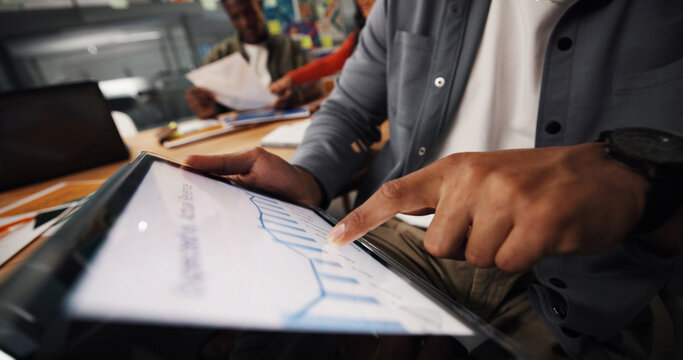 Tablet screen, planning and chart with hands of business people for revenue growth, meeting or review. Graph report, sales profit and financial analysis with employees in office for performance stats