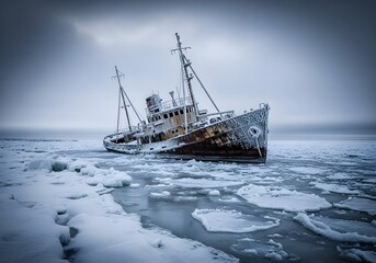 Frozen Harbor with Abandoned Ice-Trapped Ship