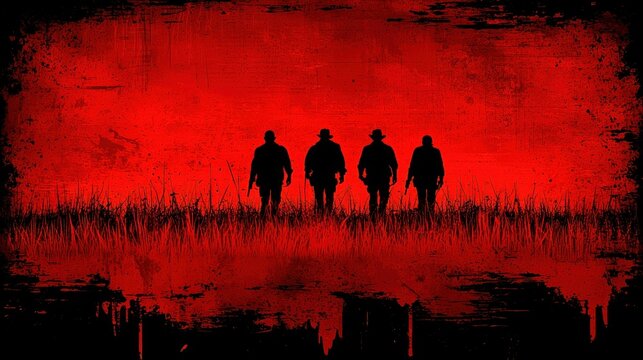 Red Dawn: Silhouetted Figures in a Crimson Field
