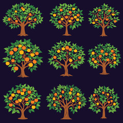 Collection of stylized orange trees with vibrant foliage and trunks