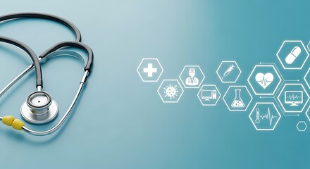 Professional medical healthcare concept featuring a stethoscope and healthcare icons for use