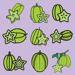 Tropical star fruit exotic fruit illustration set