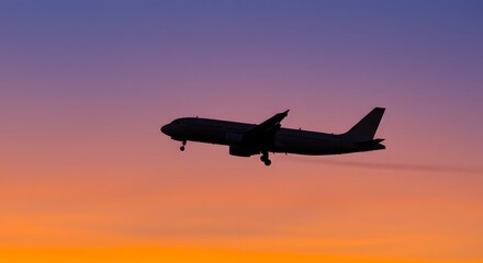Silhouette of Airplane Landing at Sunset