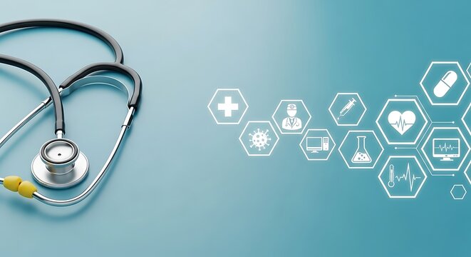 Professional medical healthcare concept featuring a stethoscope and healthcare icons for use