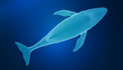 A digitally rendered humpback whale gliding through a deep blue ocean scene.