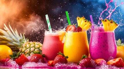 Three vibrant fruit smoothies in glasses with splashes, fresh fruit, and steam.
