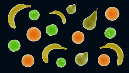 Colorful fruits including bananas, oranges, and apples arranged on a dark background.