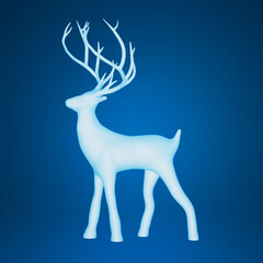 A glowing white deer sculpture with intricate antlers on a deep blue background.