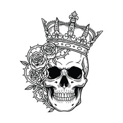 Skull with Crown and Flowers, Gothic Skeleton Head Illustration, Royal Skull Tattoo Style
