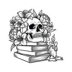 Skull with Books and Flowers, Candle and Skeleton Head Line Art