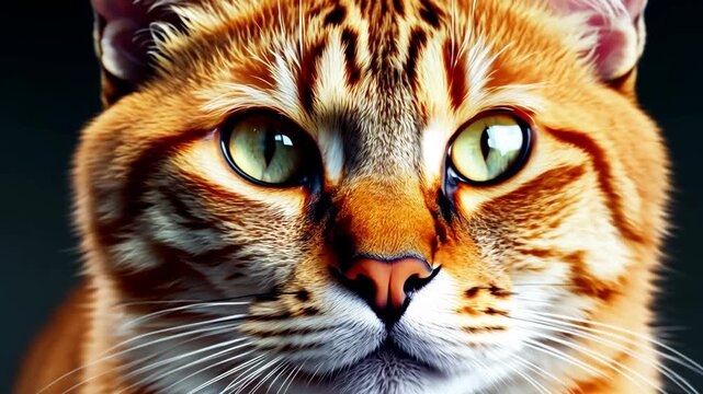 A Close-Up Portrait of a Strikingly Beautiful Cat with Captivating Eyes and Distinctive Stripes, Highlighted Against a Dark Background, Showcasing Its Unique Features and Expressions.