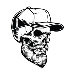 Skull with Beard and Cap, Hipster Skeleton Head Illustration, Bearded Skull Line Art