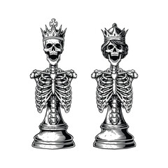 Skeleton King and Queen Chess Pieces, Gothic Skull Couple Illustration, Royal Skeletons Line Art