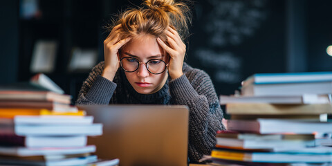 Eine gestresste Studentin sitzt mit Laptop und Bücherstapeln an einem Schreibtisch und kämpft mit ihrem Studium. Das Bild fängt Gefühle von Frustration und akademischem Druck 