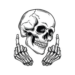 Middle Finger Skull, Skeleton Hand Gesture Illustration, Rebellious Skull Art