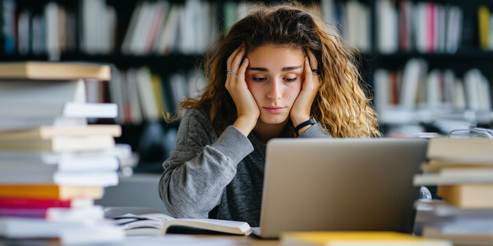 Eine gestresste Studentin sitzt mit Laptop und B&uuml;cherstapeln an einem Schreibtisch und k&auml;mpft mit ihrem Studium. Das Bild f&auml;ngt Gef&uuml;hle von Frustration und akademischem Druck 