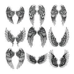 Angel Wings Clipart, Black and White Wings, Hand Drawn Feather Wings, Tattoo Style Wings Set