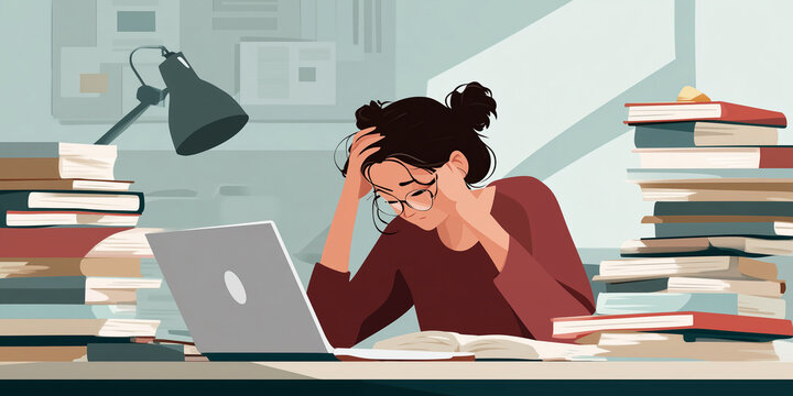 Eine gestresste Studentin sitzt mit Laptop und B&uuml;cherstapeln an einem Schreibtisch und k&auml;mpft mit ihrem Studium. Das Bild f&auml;ngt Gef&uuml;hle von Frustration und akademischem Druck 