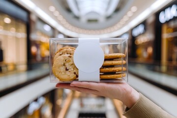 A person hand is holding a transparent box packet of cookies, and a blank white sticker label mockup is attached