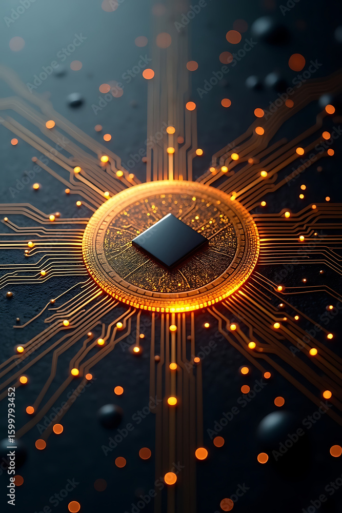 Poster abstract digital art featuring a central chip with radiating circuit lines and glowing orbs on a dar