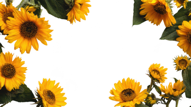 Bright Yellow Decorative Sunflower Border with Green Leaves on Transparent Background