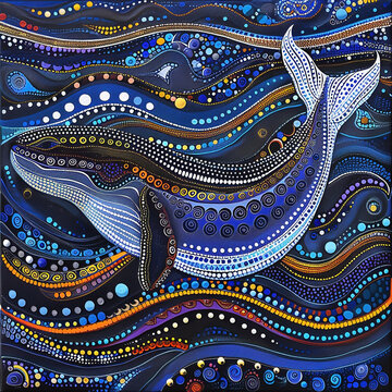 Australian Aboriginal dot painting art dreaming of whales in the blue ocean.