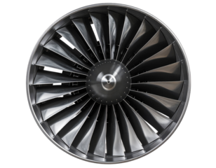  3D realistic jet engine turbine fan blades close-up isolated on transparent background PNG
