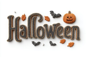 Naklejka premium Halloween Pixel Art Black and Gold Word with Pumpkin and Bats on White