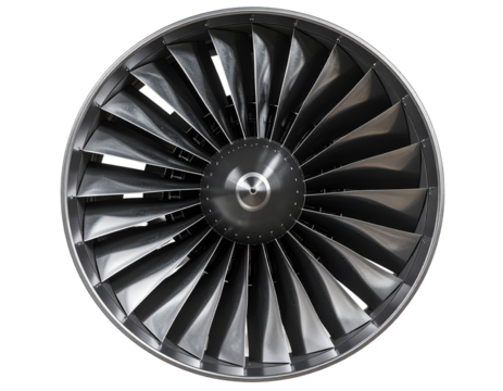  3D realistic jet engine turbine fan blades close-up isolated on transparent background PNG