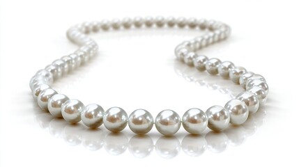 Delicate necklace with luminous, white pearls, reflected on a glossy surface