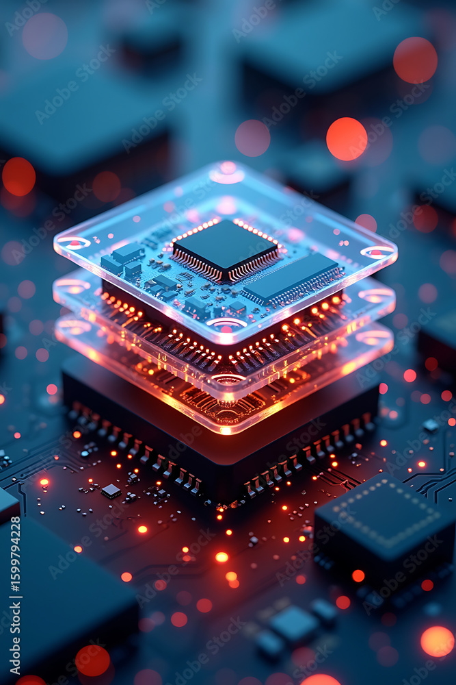 Aufkleber stacked microchips with glowing layers and intricate circuitry, representing advanced technology.