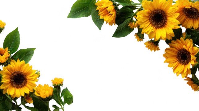 Bright Yellow Decorative Sunflower Border with Green Leaves on Transparent Background